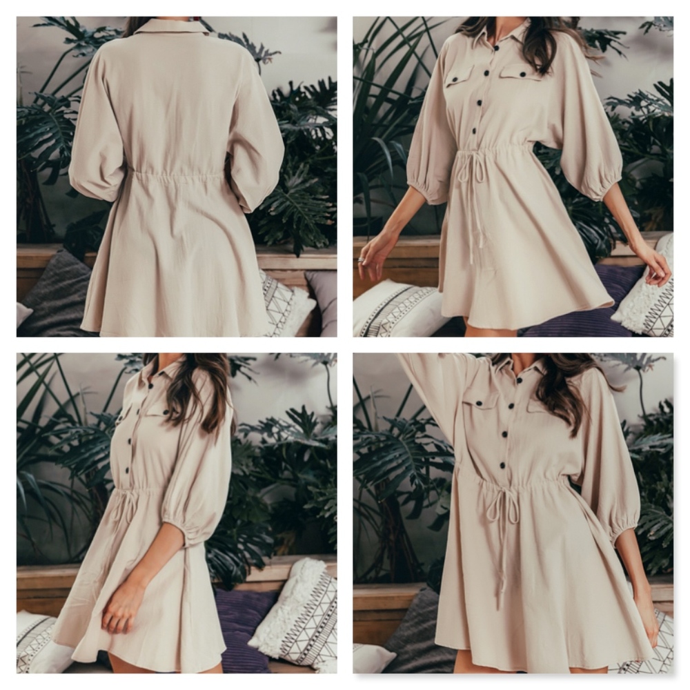 Drawstring Safari Beige Cotton Button Up Dress - Picture 5 of 10